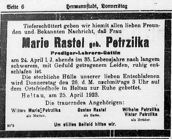 Petrzilka Maria 1888-1923 Todesanzeige